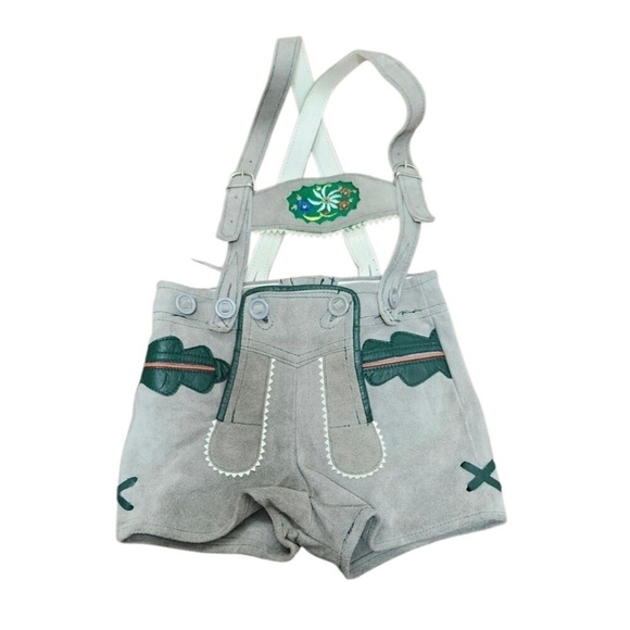 80s Leather Lederhosen Brown/Grey with Green and Red Leather Piping Details - Picture 3 of 9